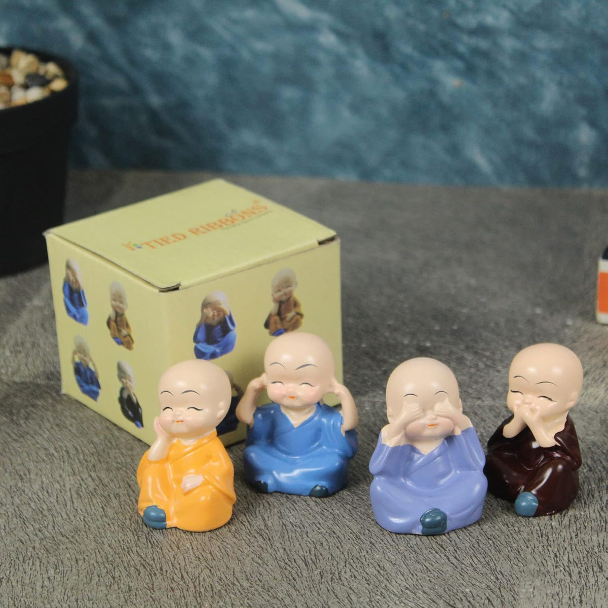 TIED RIBBONS Set of 4 Miniature Buddha Monk Statues for Home Decor and Gifts (Small, Multicolour) Resin