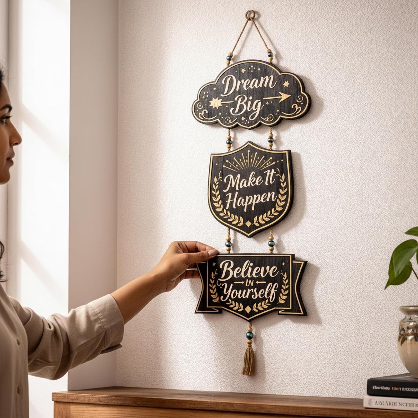 eCraftIndia Gold Foil Embossed Wooden Dream Big Make It Happen Believe In Yourself Wall Hanging for Home Office