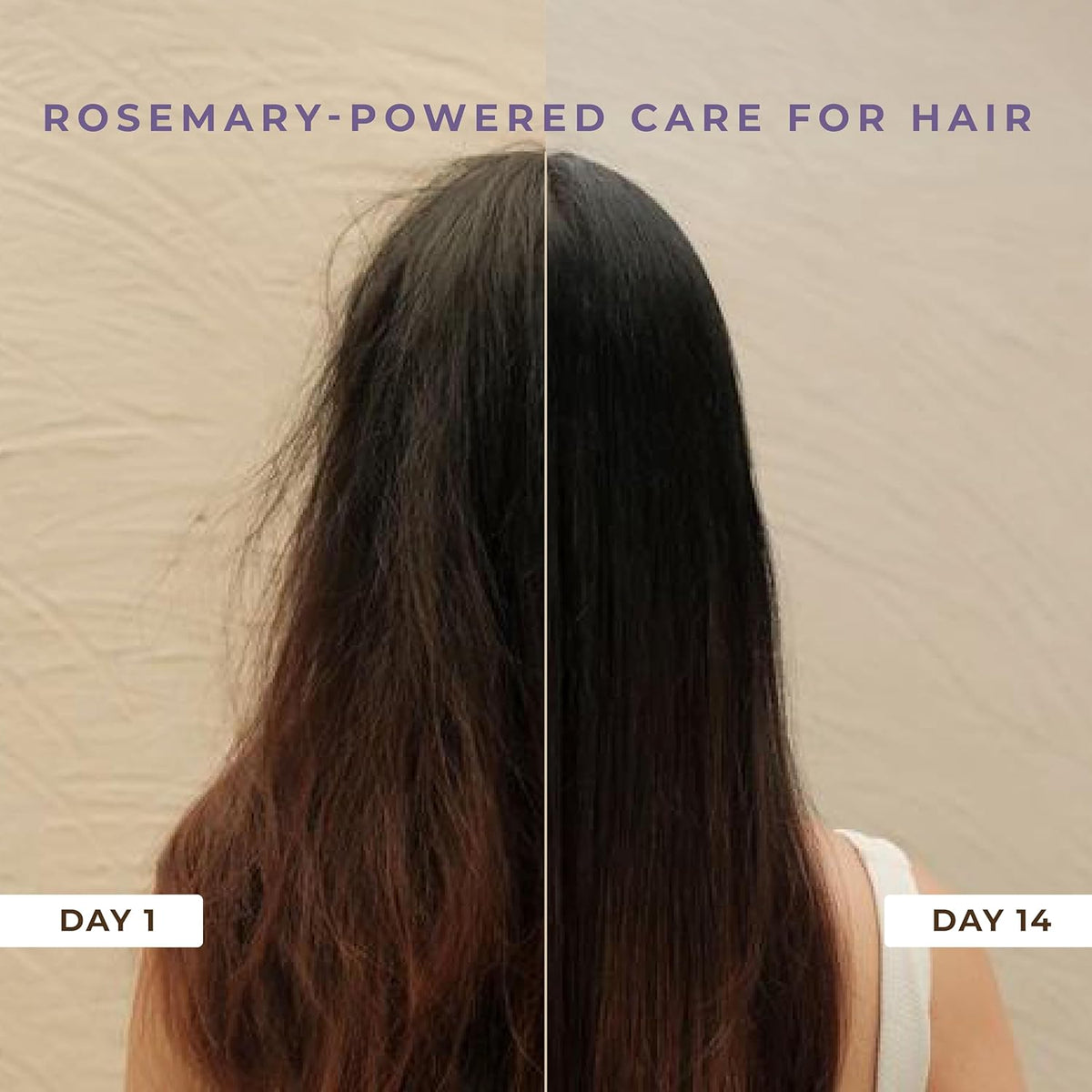 Before and after comparison of hair care treatment with text 'Rosemary-Powered Care for Hair'.