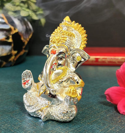Gold Art India 999 Silver Plated Ganesha Idol for car Dashboard, Office & Home Shelves, Diwali Puja, and Gifting (3.5" x2 inches), Idol