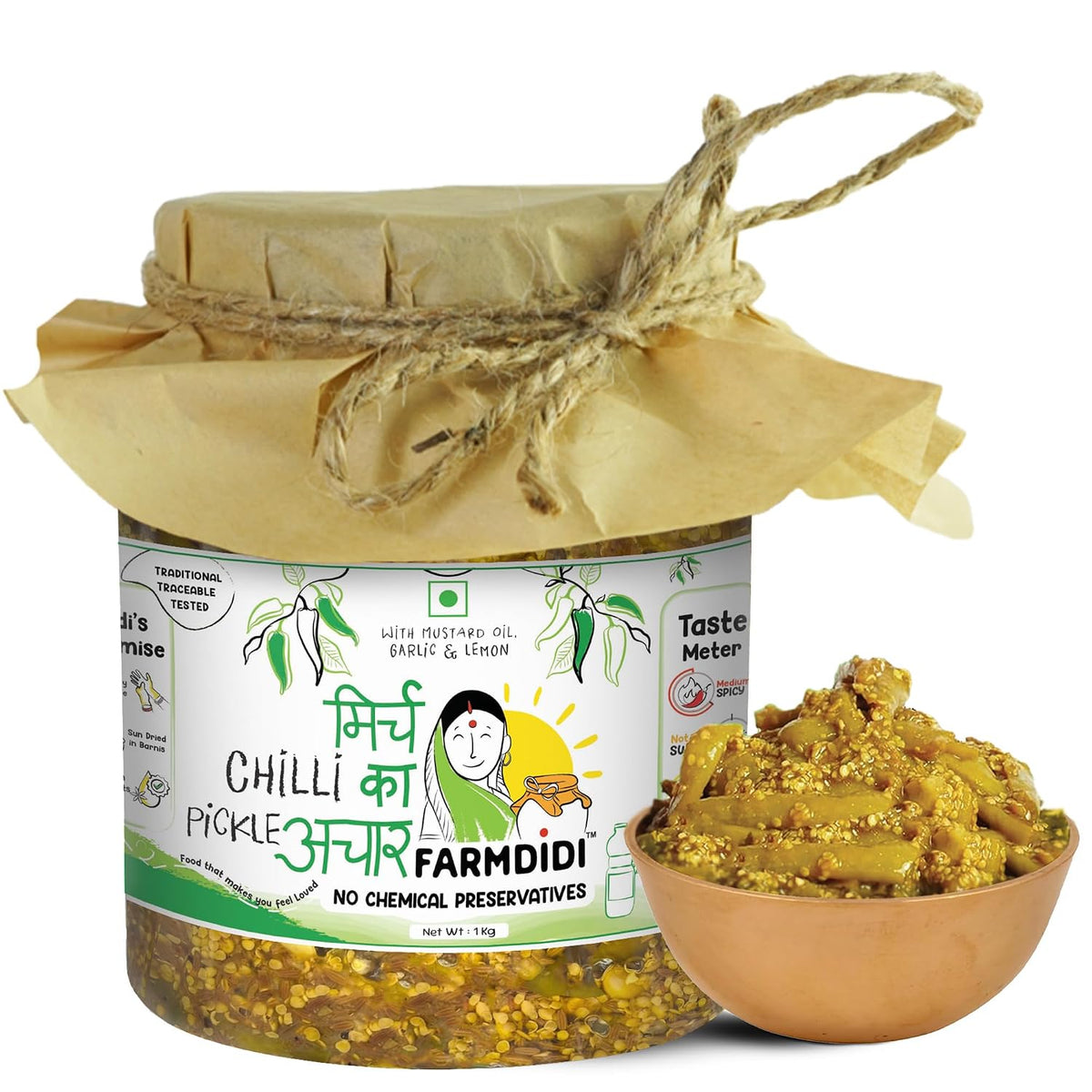 FarmDidi Spicy Green Chilli Pickle 325g In Fresh Homemade Sun-Dried Hari Mirch Ka Achar Made with Mustard Oil Ghar Ka Bana Spicy Mirchi Pickle No Chemical Preservatives