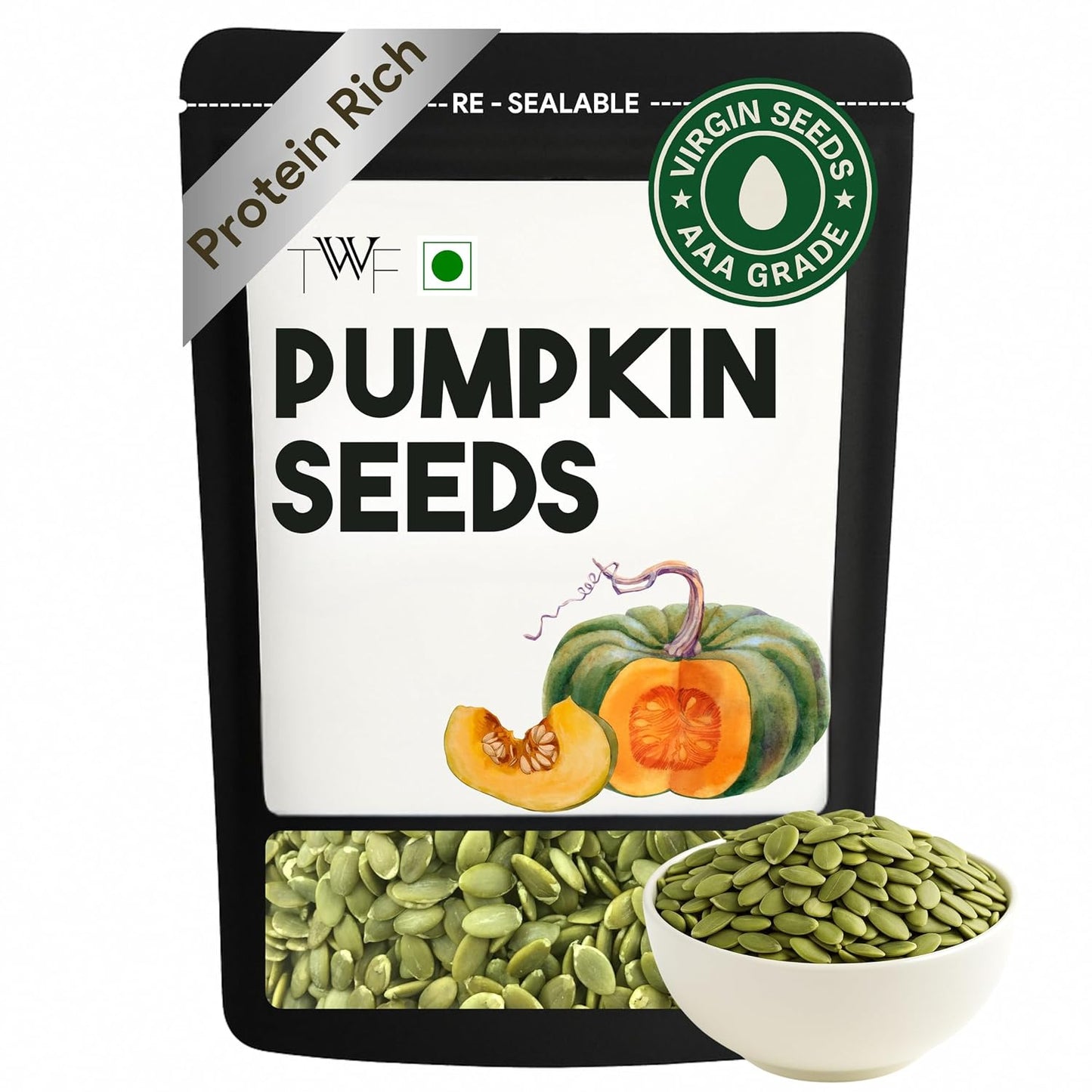 TWF Virgin Pumpkin Seeds | AAA Grade Seeds for Eating | High Protein, Fibre & Magnesium | Raw | Unroasted | Unsalted | Highest Natural Potency | Resealable Pack | Healthy Diet Snacks