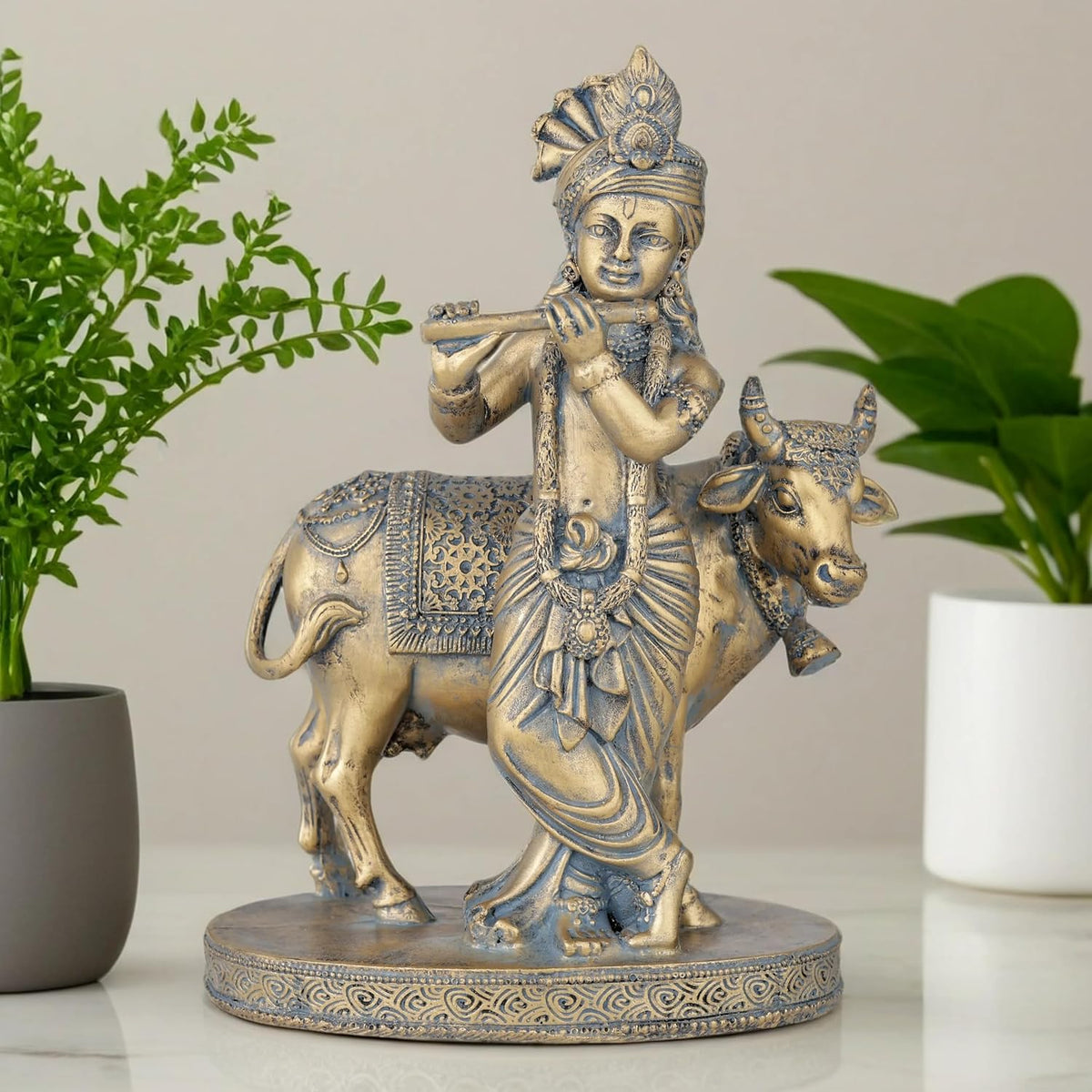 Krishna Cow Idol Statue Showpiece for Pooja Home Decor Items for Living Room and Gifts-A_GOL_BLU-KRN5