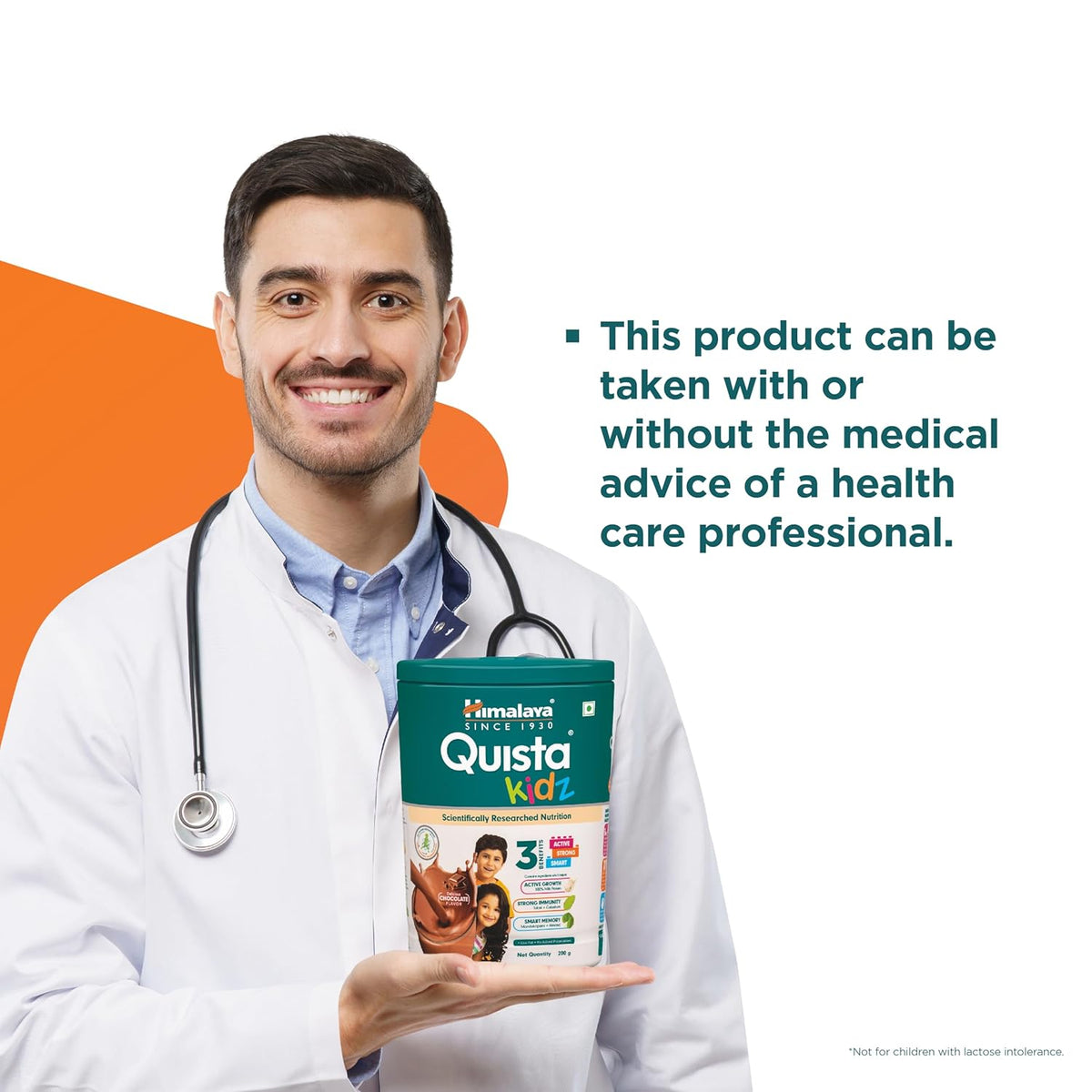 Doctor holding a package of Himalaya Quista Kids with text about product use.