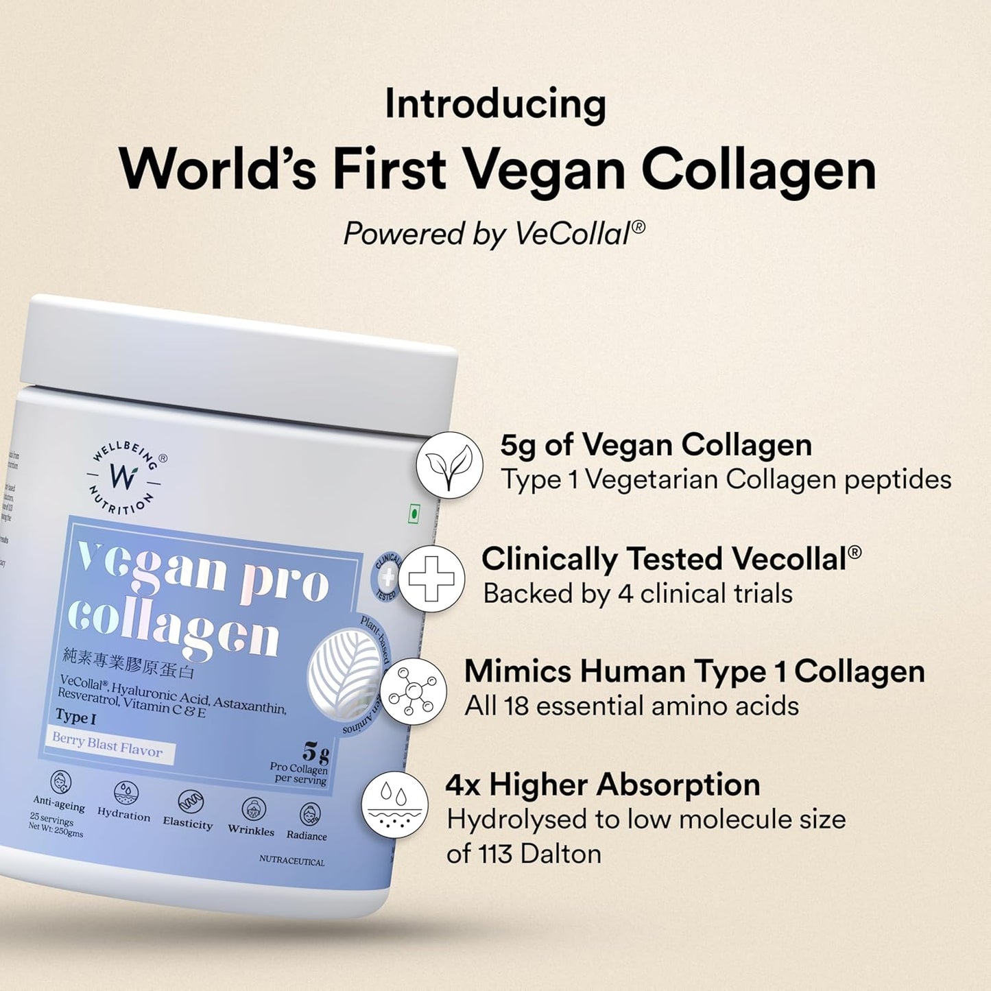 Wellbeing Nutrition Vegan Pro Collagen | Hyaluronic acid, Natural Astaxanthin, Resveratrol | Vitamin C | Boosts Collagen Production | Improves Skin Hydration, Texture & Evens Skin Tone | Berry Blast