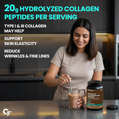 Carbamide Forte Hydrolyzed Collagen Supplements | Collagen Powder for Women & Men with 20g Peptides + 18g Protein Per Scoop | Type I & III with Hyaluronic Acid, Biotin, Vitamin C & E | Belgian Chocolate Flavour | 460g