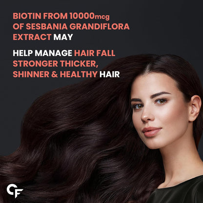 Woman with long, healthy hair with text about biotin and sesbania grandiflora extract on a dark background