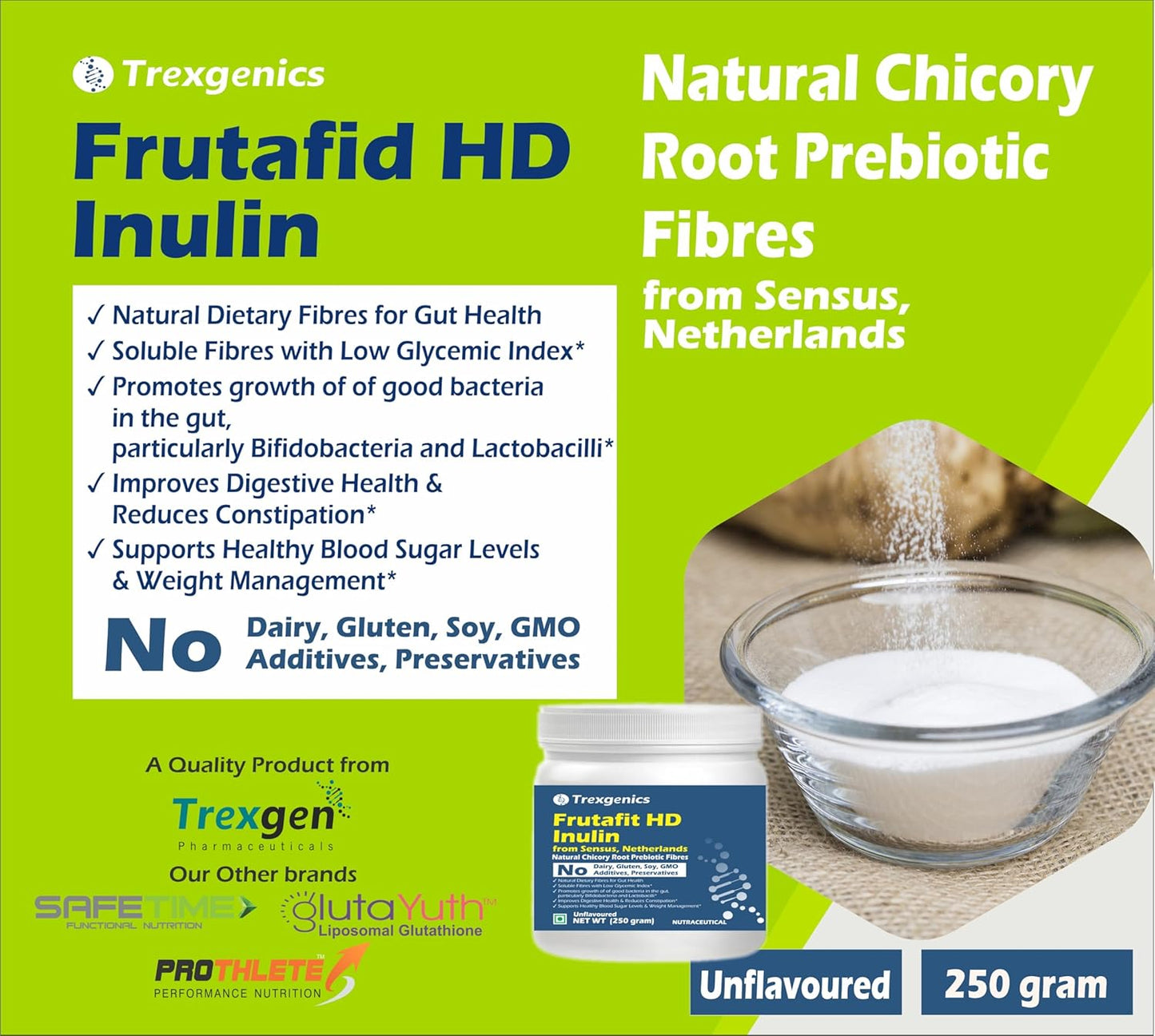 Advertisement for Trexegenics Frutafid HD Inulin with product packaging and text on a green background.