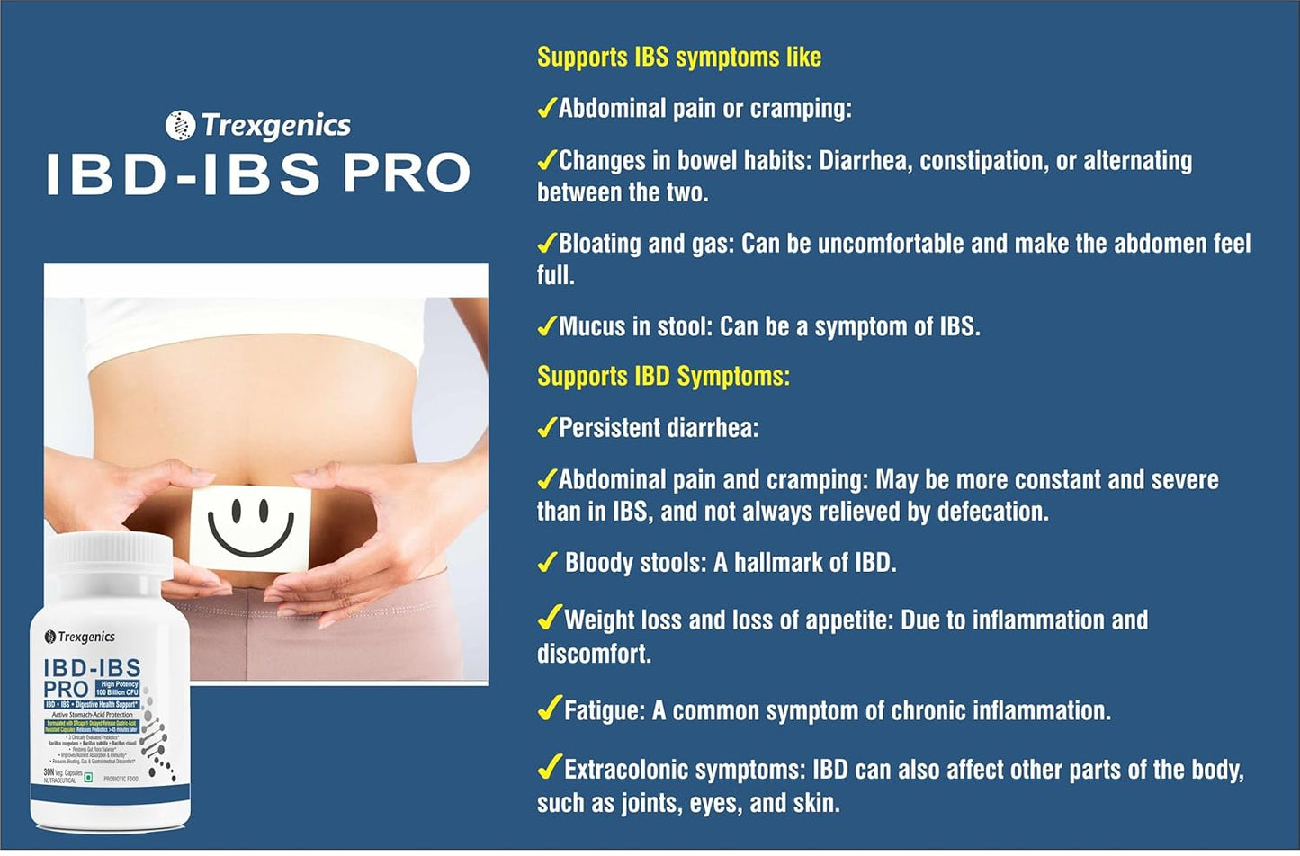 Advertisement for Trexegenics IBD-IBS PRO with product image and list of IBS symptoms on a blue background.