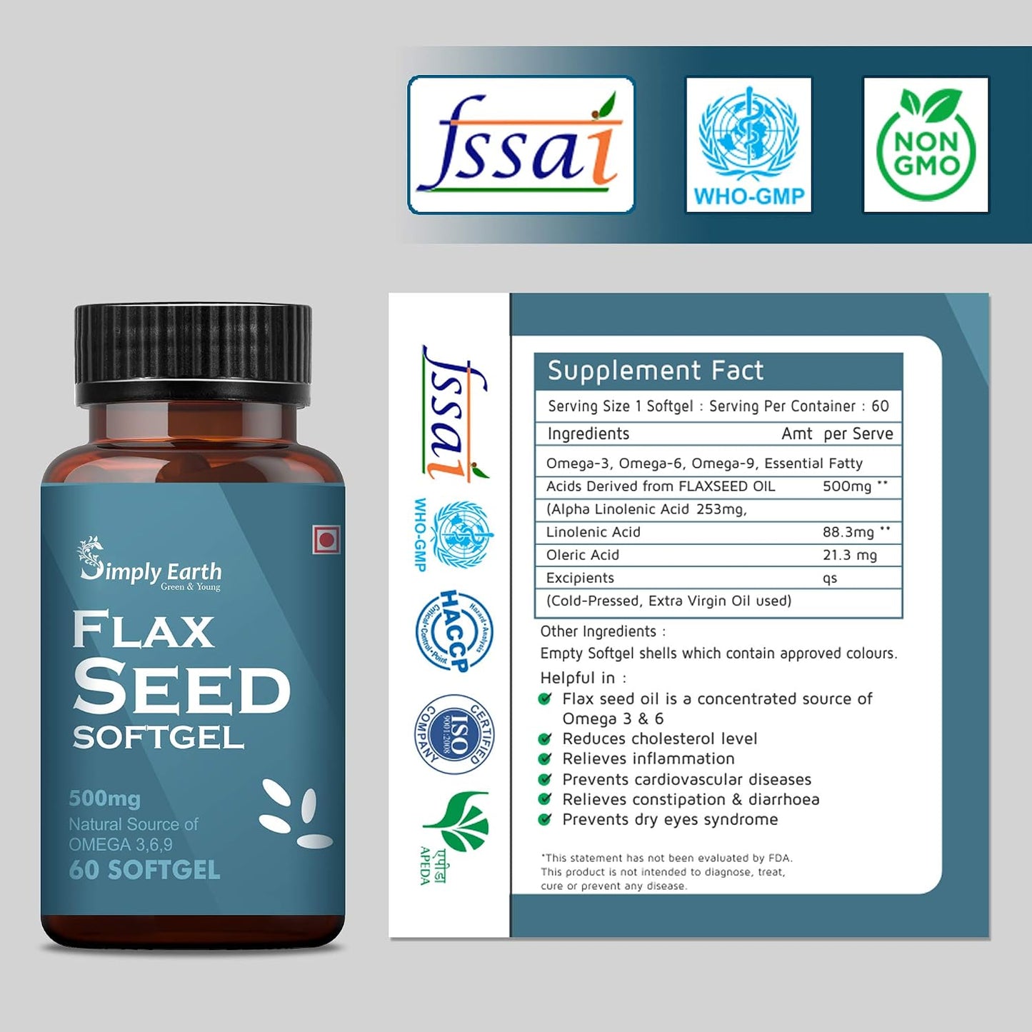 Simply earth Cold Pressed Flax seeds oil Omega with extra Virgin oil, Linolenic Acid, Oleric Acid | Natural Form of omega 369-60 Softgels…