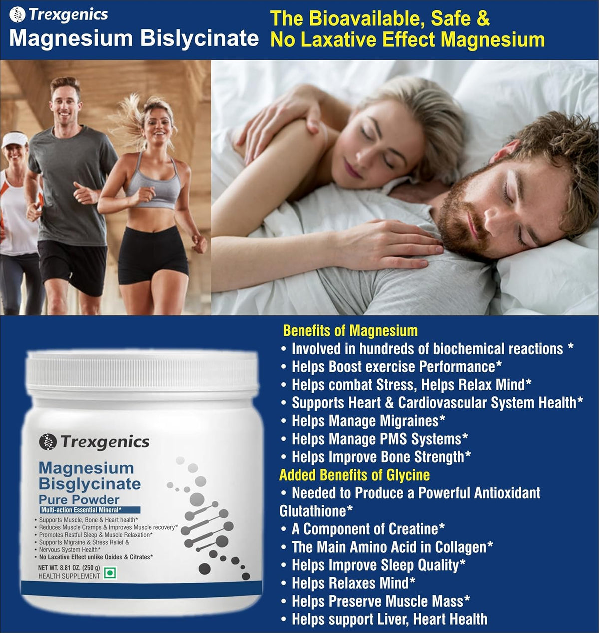 Advertisement for Trexegenics Magnesium Bislycinate with images of people exercising and sleeping, and product packaging.