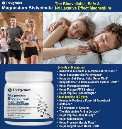 Advertisement for Trexegenics Magnesium Bislycinate with images of people exercising and sleeping, and product packaging.