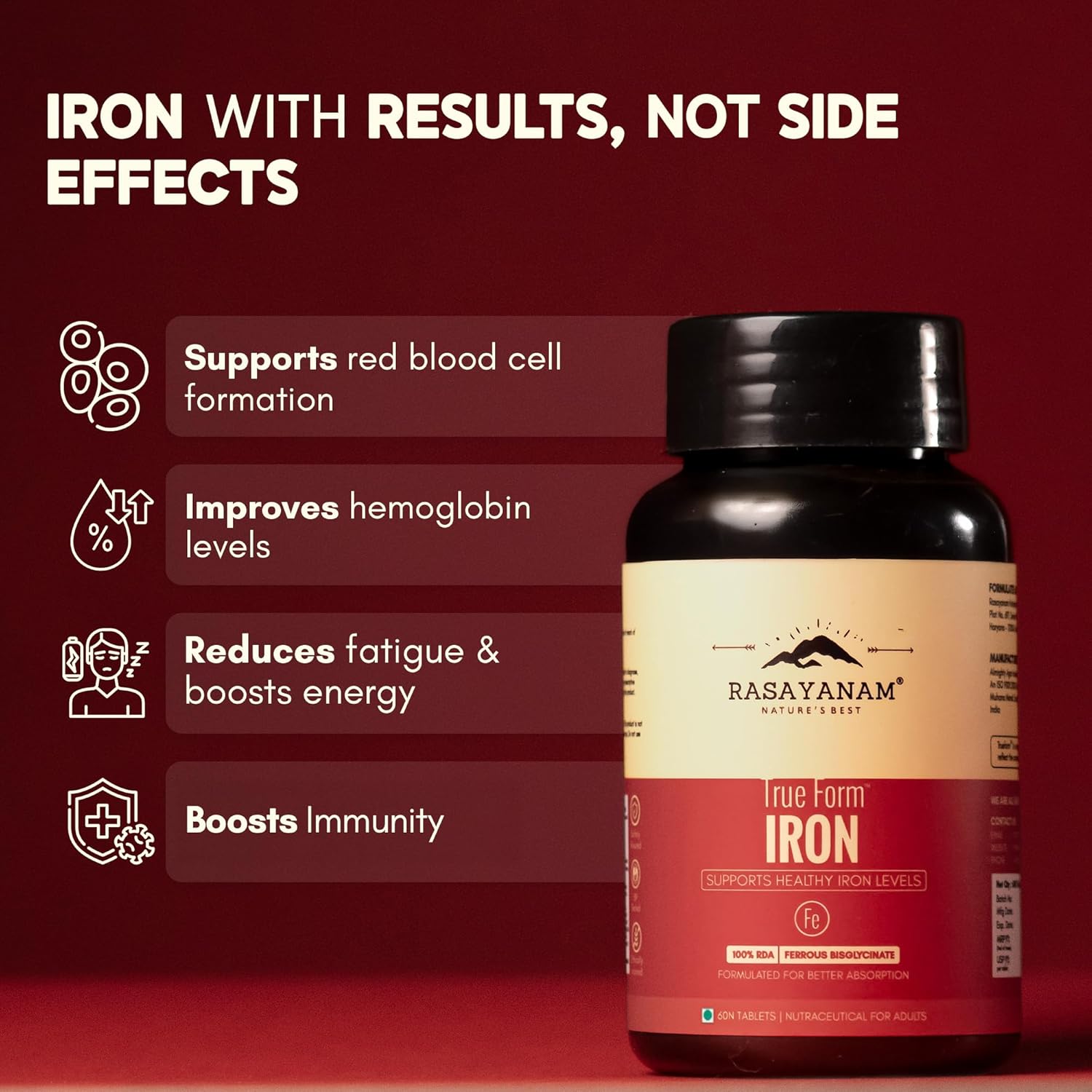 Rasayanam True Form Iron supplement bottle with benefits on a red background
