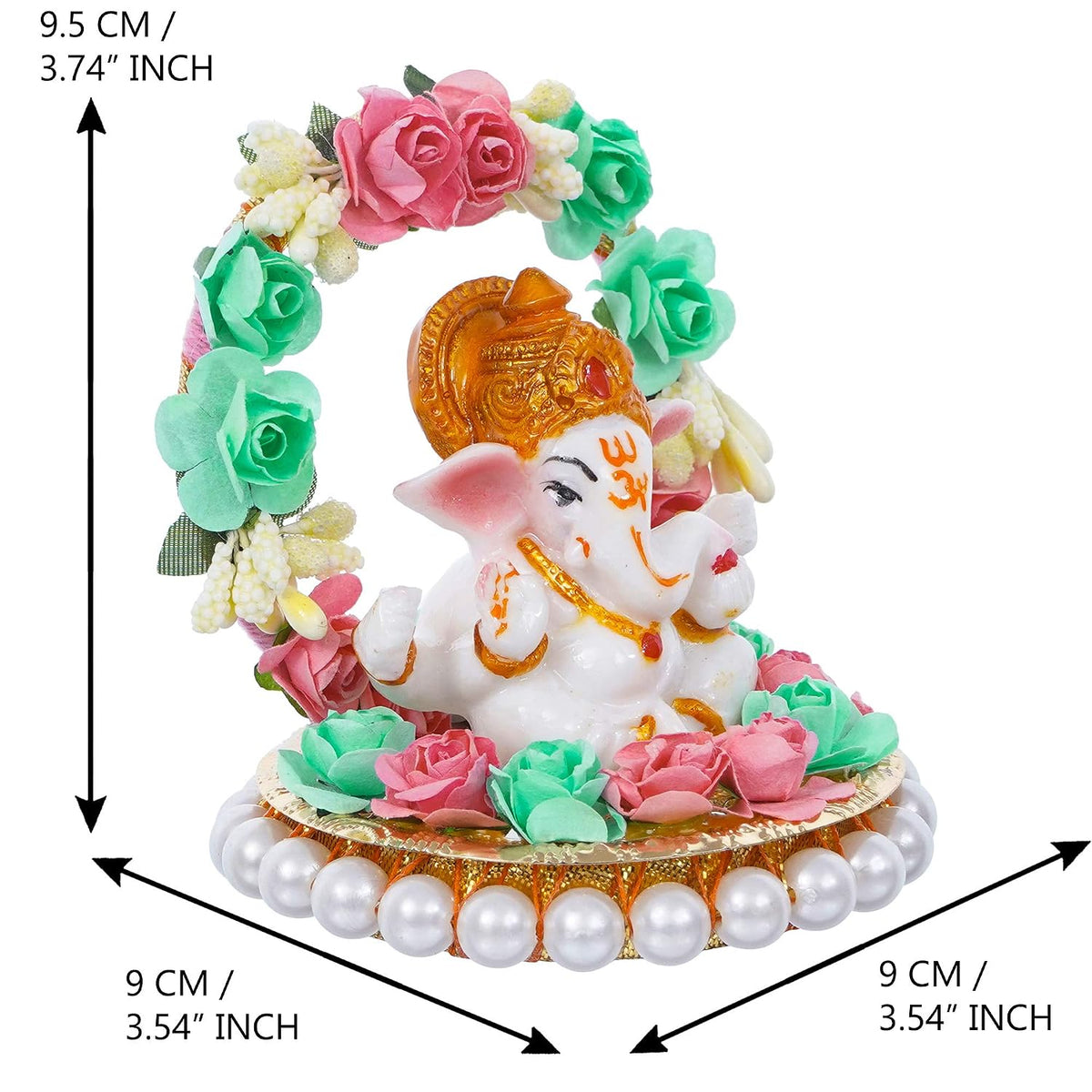 Lord Ganesha Idol on Decorative Handcrafted Plate with Throne of Pink and Green Flowers