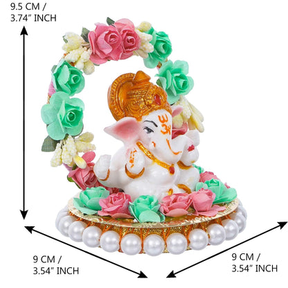 Lord Ganesha Idol on Decorative Handcrafted Plate with Throne of Pink and Green Flowers