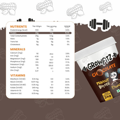 Growfitz Peanut Butter Chocolate Crunchy 400g | 24g High Protein Peanut Butter | 7g Fiber | Tasty & Healthy Nut Butter Spread for Breakfast & Snacks | Roasted Peanuts | Zero Sugar (Pack of 1)