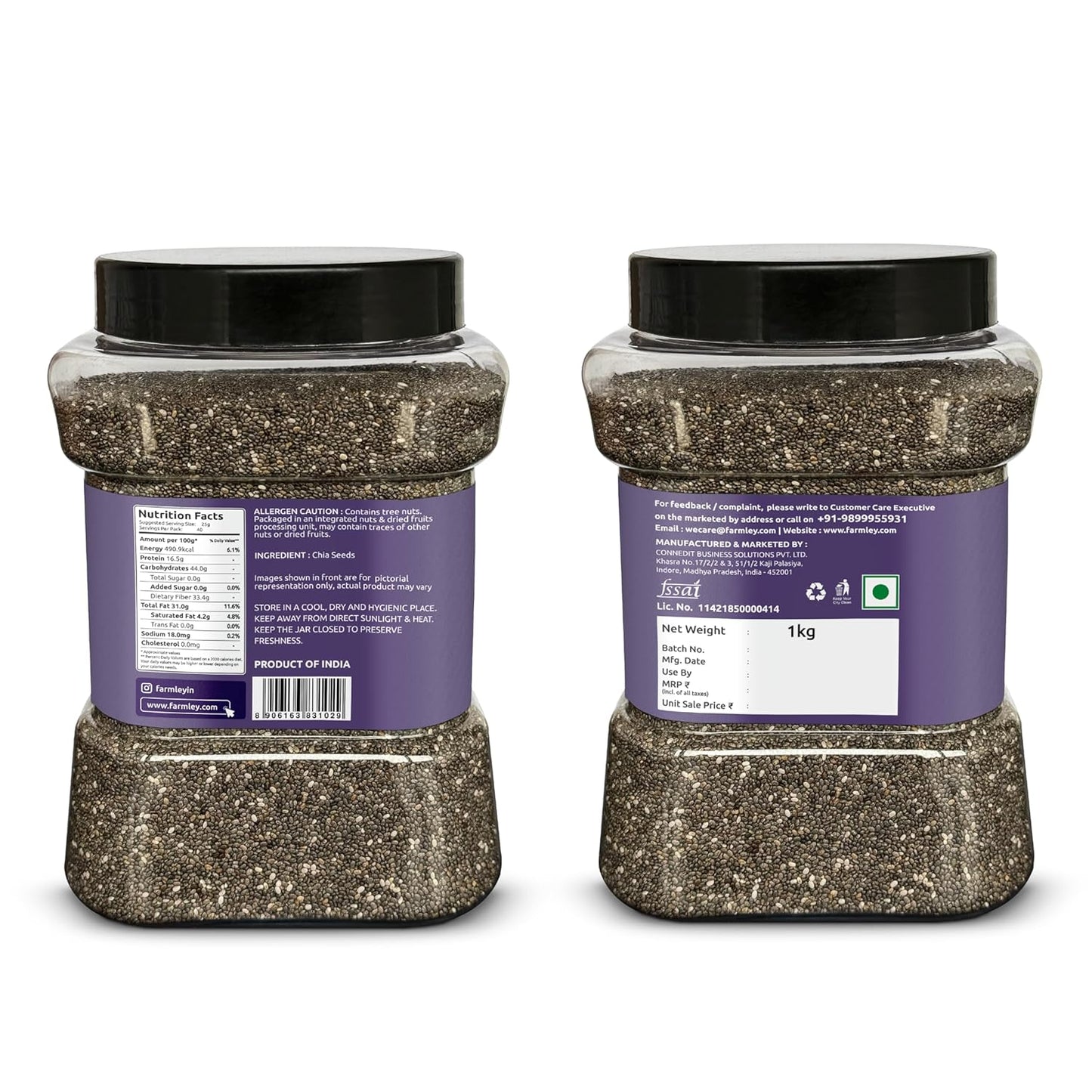 Farmley Chia Seeds 1 Kg, I Seeds for Eating | Seeds for Weight Management | Rich in Calcium, Omega-3, Protein, Fibre, & Non GMO, Reusable Jar (Pack of 1)