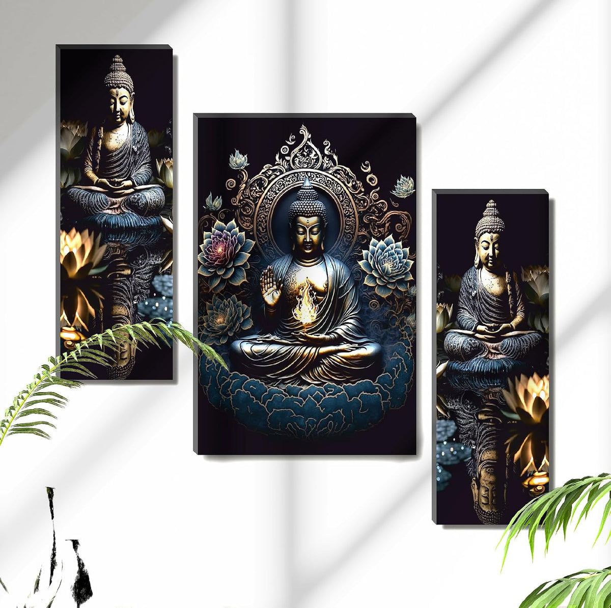 Golden Buddha with Lotus & Flame Wall Art – 3-Panel UV-Printed Zen Triptych | Ready-to-Hang Spiritual Meditation Décor for Home or Office (20 Inch x 12 Inch) JM-35302