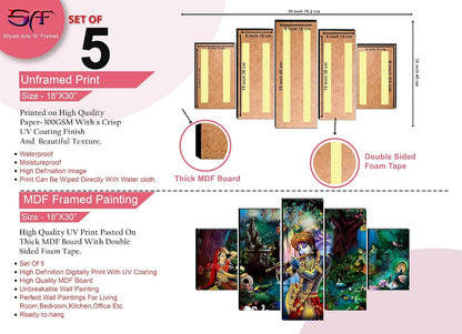 Radha Krishna wall Painting for Living Room | Painting for Wall Decoration | Wedding Gift for Couples | 3D Painting for Bedroom | Abstract Painting Set of 5 (75x45 cm) SAFPNLS32218