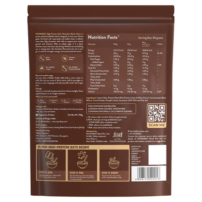 Nutrabay High Protein Oats - 750g, Dark Chocolate Raisin | 30g Highest Protein Oats Ever with Whey Protein Concentrate & Pea Protein Isolate | Zero Added Sugar