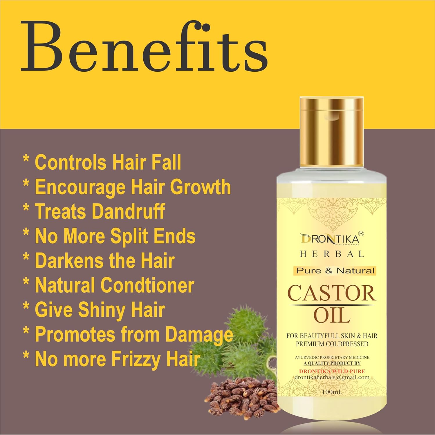 Drontika Herbal Castor Oil bottle with benefits listed on a yellow and brown background