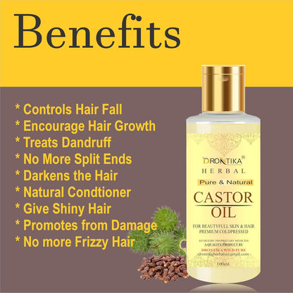 Drontika Herbal Castor Oil bottle with benefits listed on a yellow and brown background