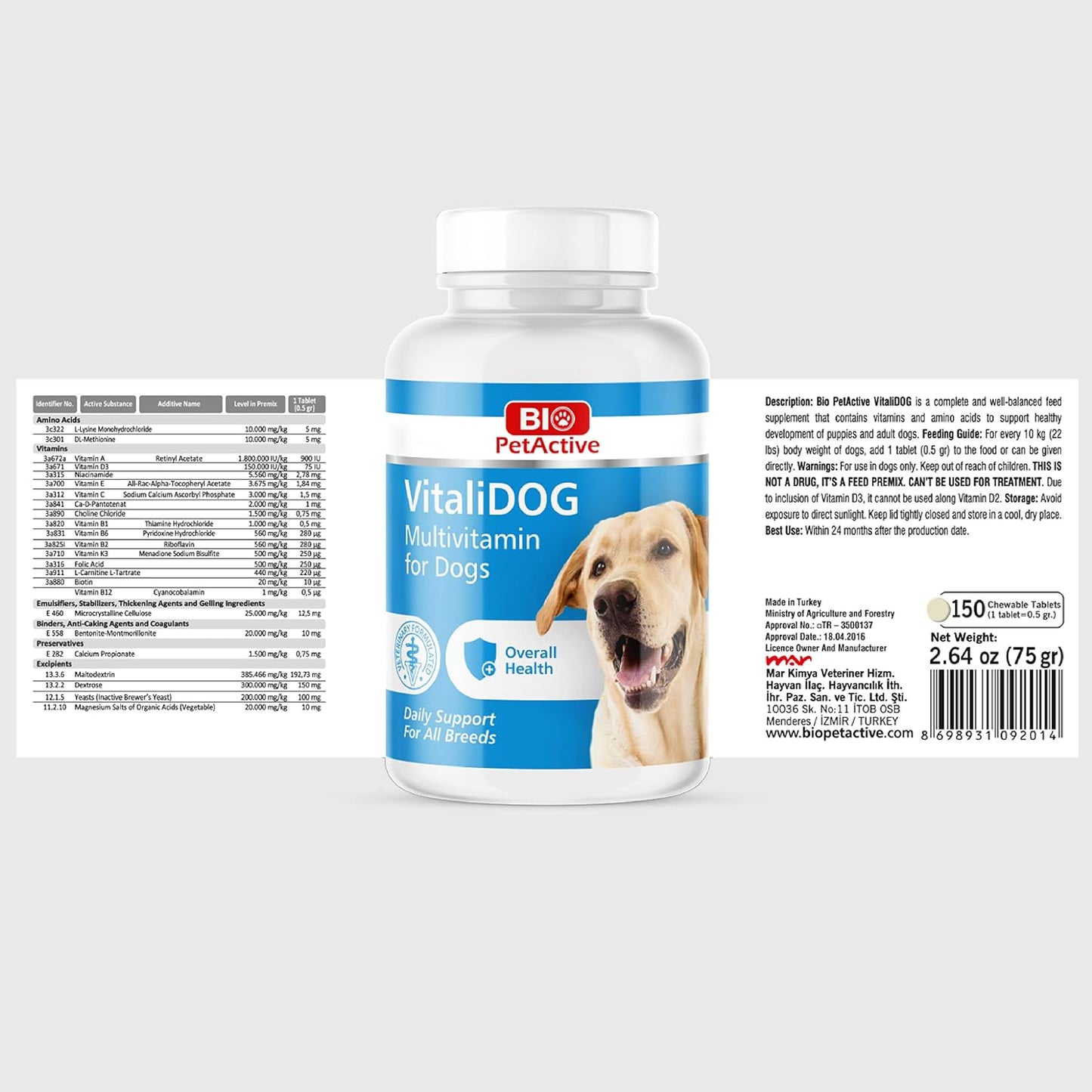Bio PetActive VitaliDog Multivitamin for Dogs Helps in Immune System & Digestive System,Brain and Overall Body Health(75 Tablets)