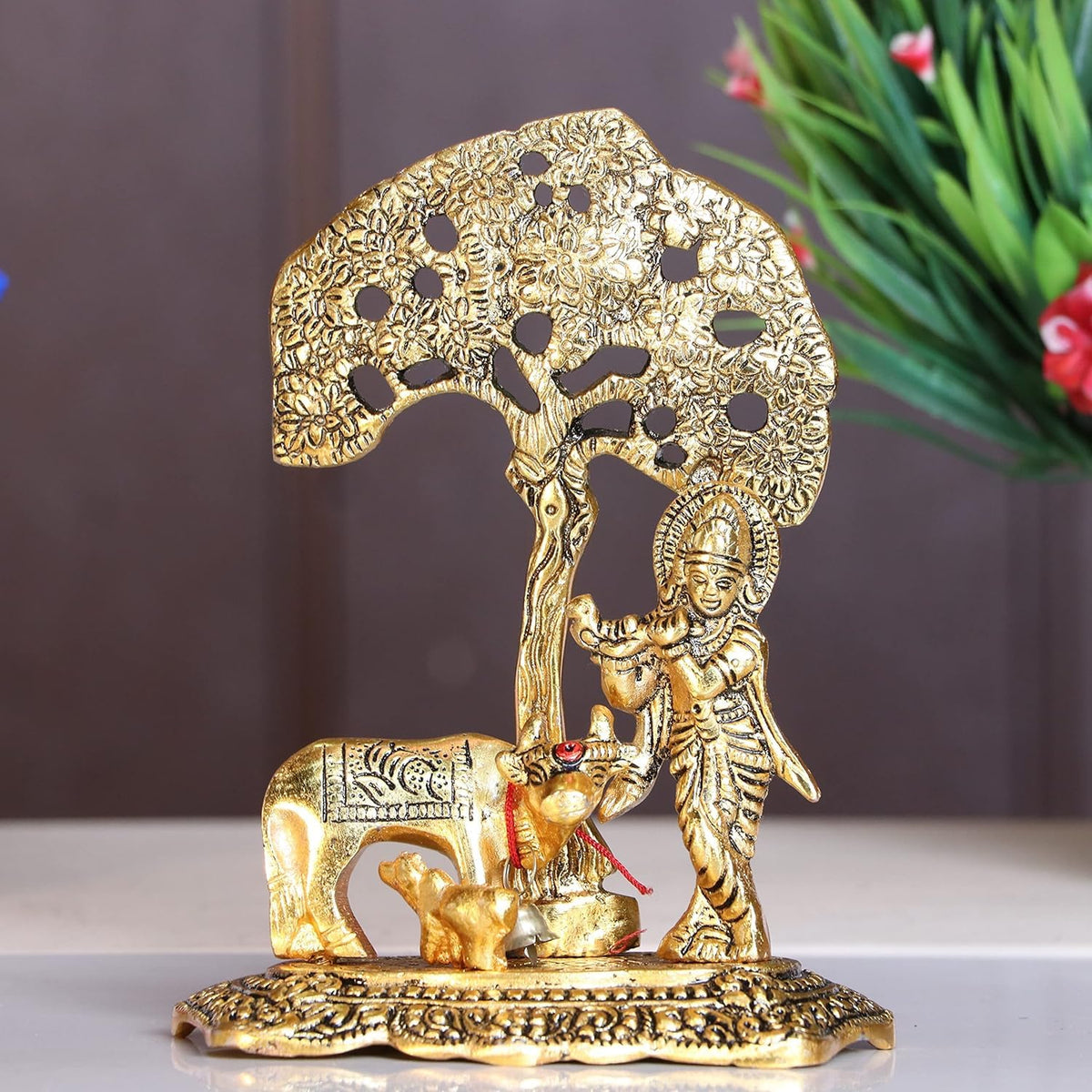 Premium Golden Finish Metal Krishna Playing Flute with Cow Sculpture, Decorative Hindu God Murti for Mandir, Office, Festive Gift and Home Decoration