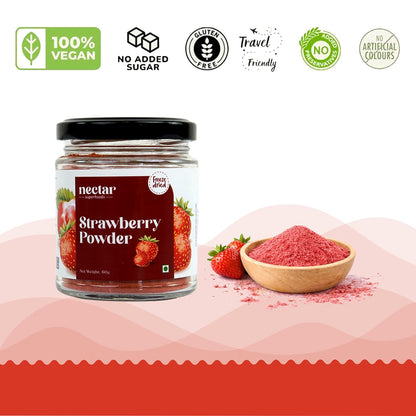 Freeze Dried Strawberry Powder- 60 grams Jar-Pack of 1 Nos | 100% Natural | No Added Sugar, Preservative-Free & Vegan | Processed in India