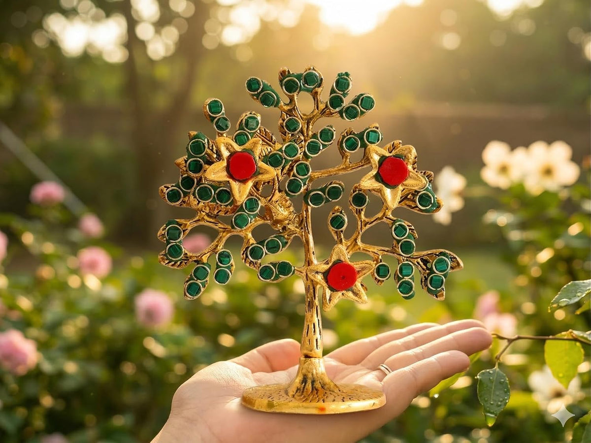 Metal Kalpavriksha Tree for Home Decor - Golden Wish Fulfilling Tree Metal Showpiece for Temple, Vastu, Office Table & Gifting Banyan (No 1 Golden with Stone)