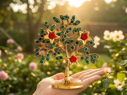 Metal Kalpavriksha Tree for Home Decor - Golden Wish Fulfilling Tree Metal Showpiece for Temple, Vastu, Office Table & Gifting Banyan (No 1 Golden with Stone)