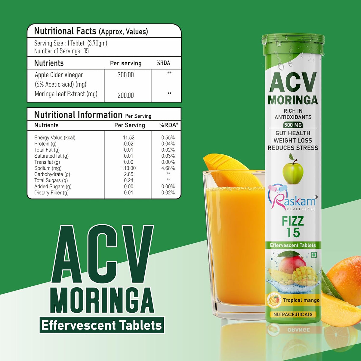 ACV Moringa effervescent tablets packaging with nutritional information on a green background