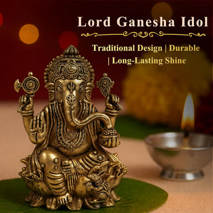 3.5 Inch Pure Brass Lord Ganesha Idol | Handcrafted Antique Finish Murti | Perfect for Pooja Room, Home Temple & Pooja | Ideal for Diwali, Housewarming & Festive Celebrations