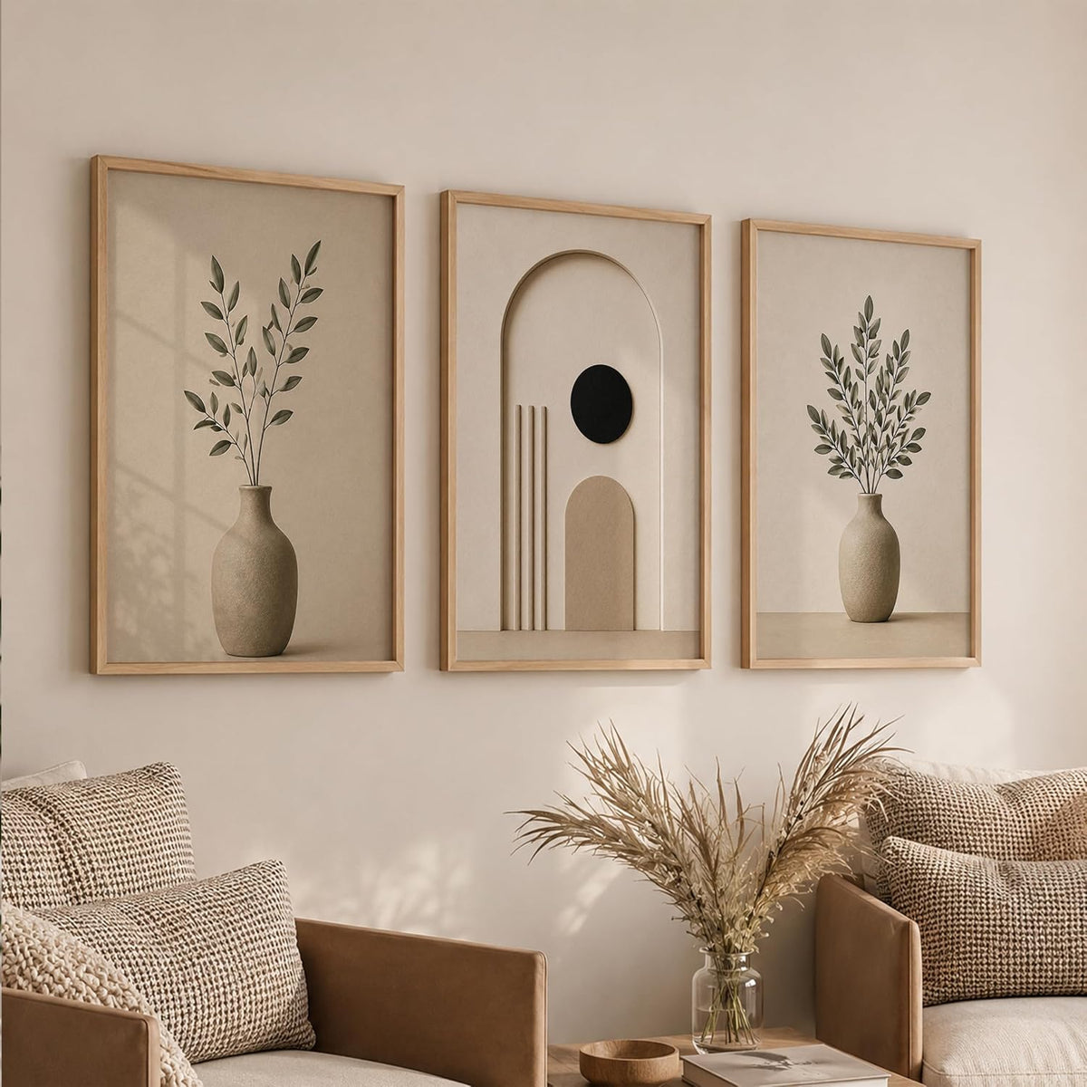 Set of 3 Japandi Botanical Wall Art Paintings, Wooden Frame, 13x19 Inches, for Living Room, Bedroom, Office, and Home Decoration