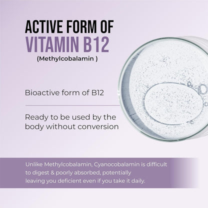Glass container with a white substance on a purple background, featuring text about Vitamin B12.