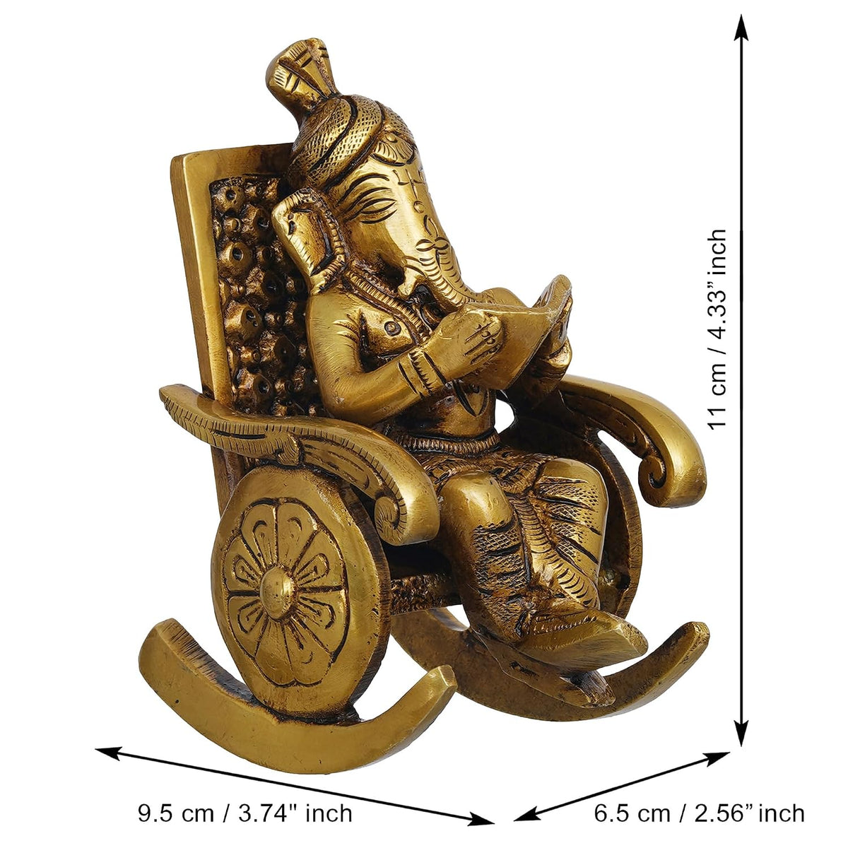 Golden Brass Handcrafted Lord Ganesha Statue Sitting on a Chair and Reading a Book Decorative Showpiece | Divine God Idol for Home, Office Decor, and Gifts