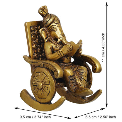 Golden Brass Handcrafted Lord Ganesha Statue Sitting on a Chair and Reading a Book Decorative Showpiece | Divine God Idol for Home, Office Decor, and Gifts
