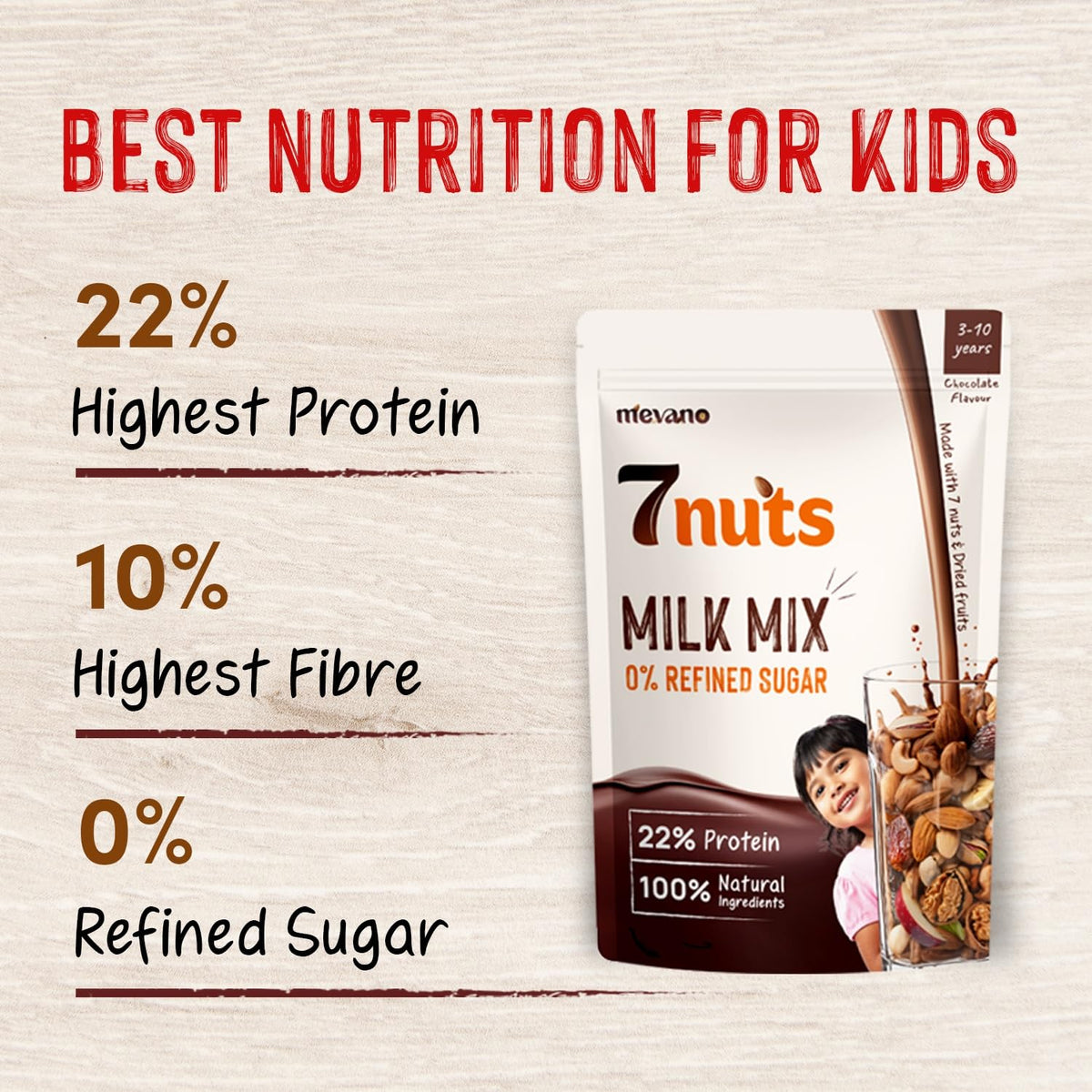Mevano 7 Nuts Nutrition Drink Powder for Kids 3-10 age, 150g | Refined SUGAR FREE, 22% Protein, All Natural | 7 Nuts & Dry Fruits Powder - Badam, Cashew, Walnut, Pista, Date | Chocolate Milk Mix