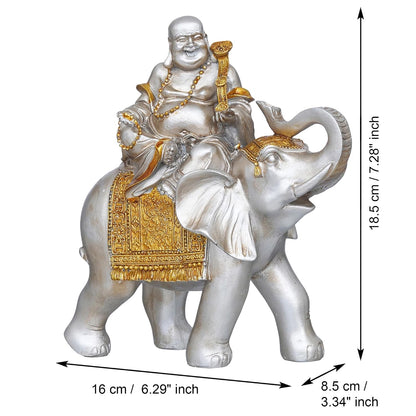 Silver Golden Resin Laughing Buddha Statue Seating on Elephant Figurine Showpiece for Home Decor Living Room Bedroom Laughing Buddha for Good Luck Money| Gift for Birthday Friendship Day