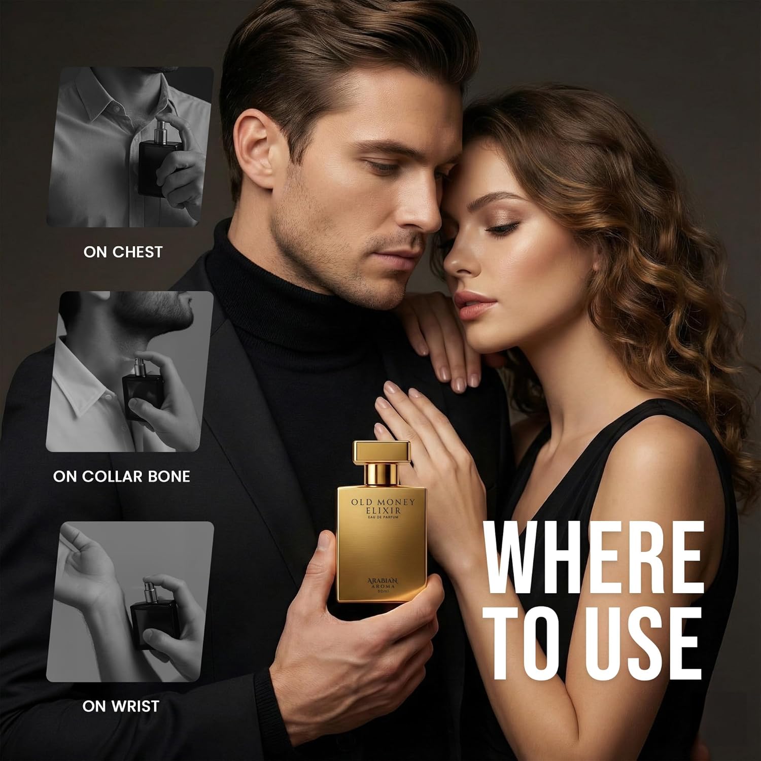 Man and woman holding a gold perfume bottle with application tips on a dark background