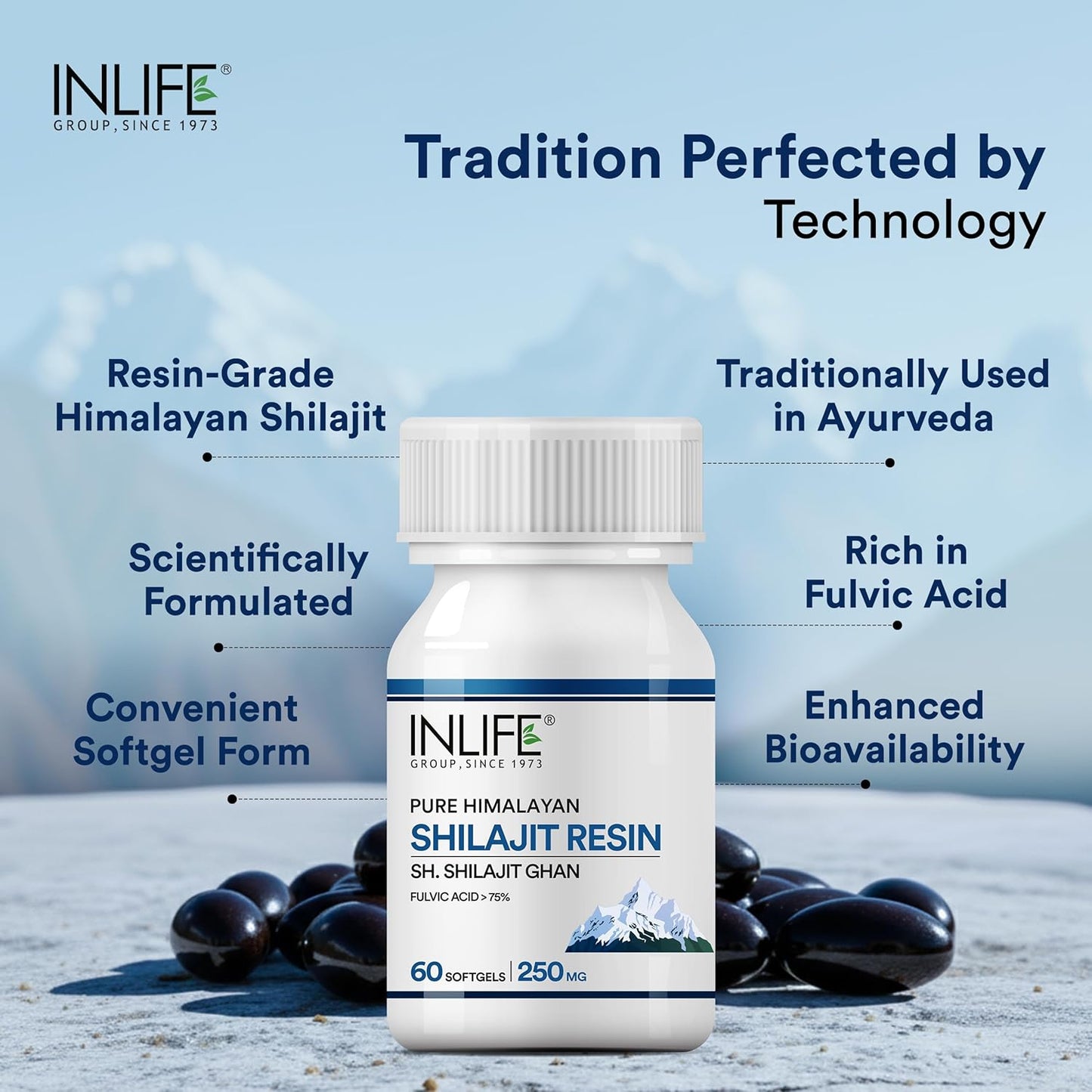 INLIFE Shilajit Resin Softgel Capsules 250mg for Men & Women | Himalayan Sourced 18000 ft | Contains >75% Fulvic Acid | Supports Energy, Stamina & Strength - 60 Softgels