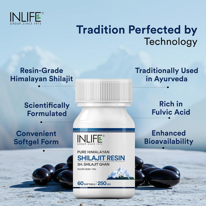INLIFE Shilajit Resin Softgel Capsules 250mg for Men & Women | Himalayan Sourced 18000 ft | Contains >75% Fulvic Acid | Supports Energy, Stamina & Strength - 60 Softgels