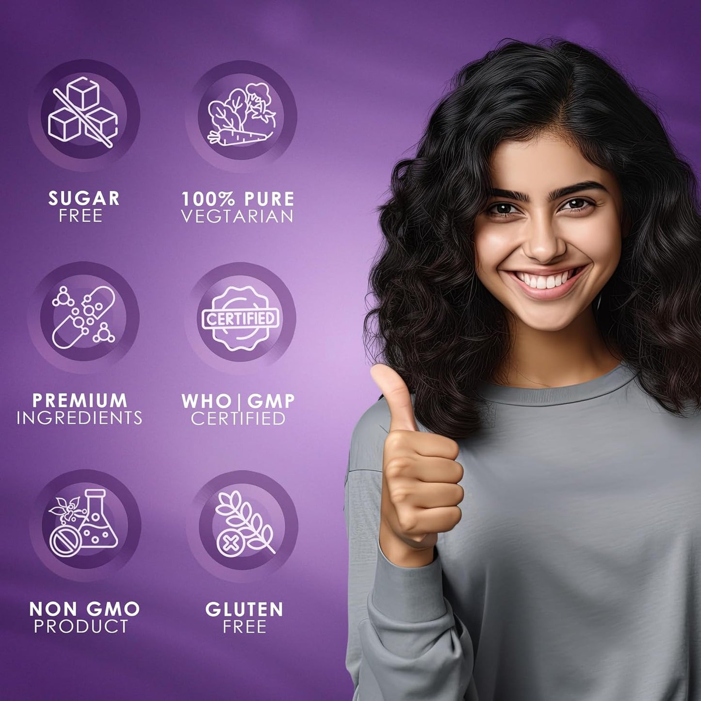 Woman giving a thumbs up with certification icons on a purple background