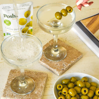 Poshi Green Olives On-The-Go - Single Serve Pitted Olives - Convenient and Healthy Snack Packs - All Natural, Non-GMO, Kosher, Gluten-Free - 1.1 Oz