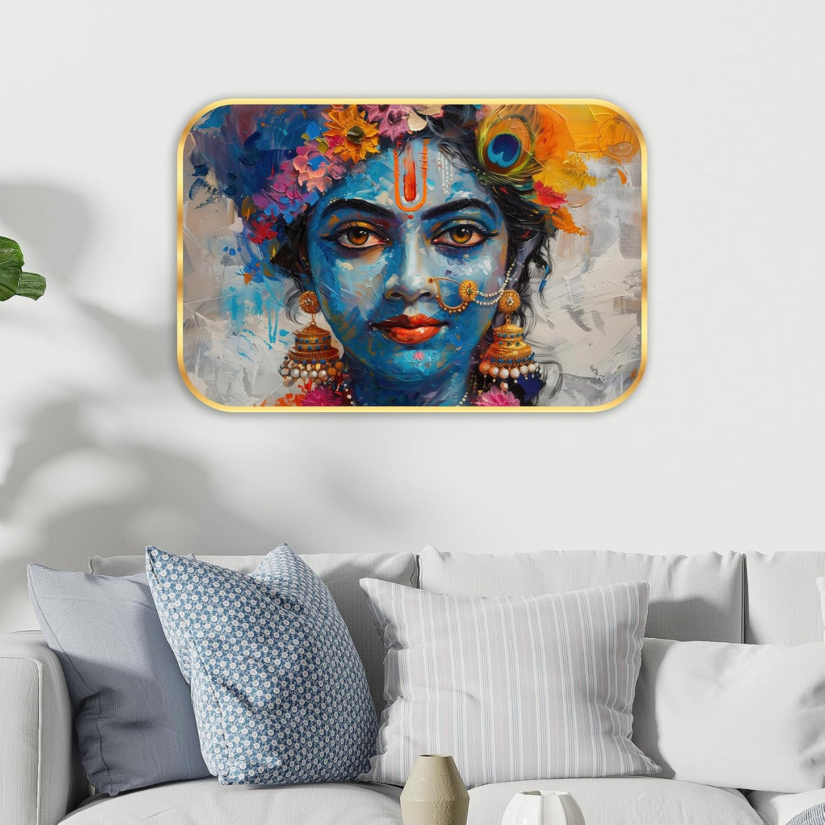 krishna religious modern art Premium Sparkle Lamination Finished Surface Golden Slim Frame 35 cm x 28 cm Large Size, For Home/Office/Hotel painting KG61
