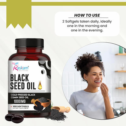 Pure Organic Cold-Pressed Black Seed Oil Softgels - Non-GMO Pure Nigella Sativa Black Cumin Seed Oil for Beauty Immunity & Overall Wellness Support - Thymoquinone-Rich 1000mg Serving 100 softgels