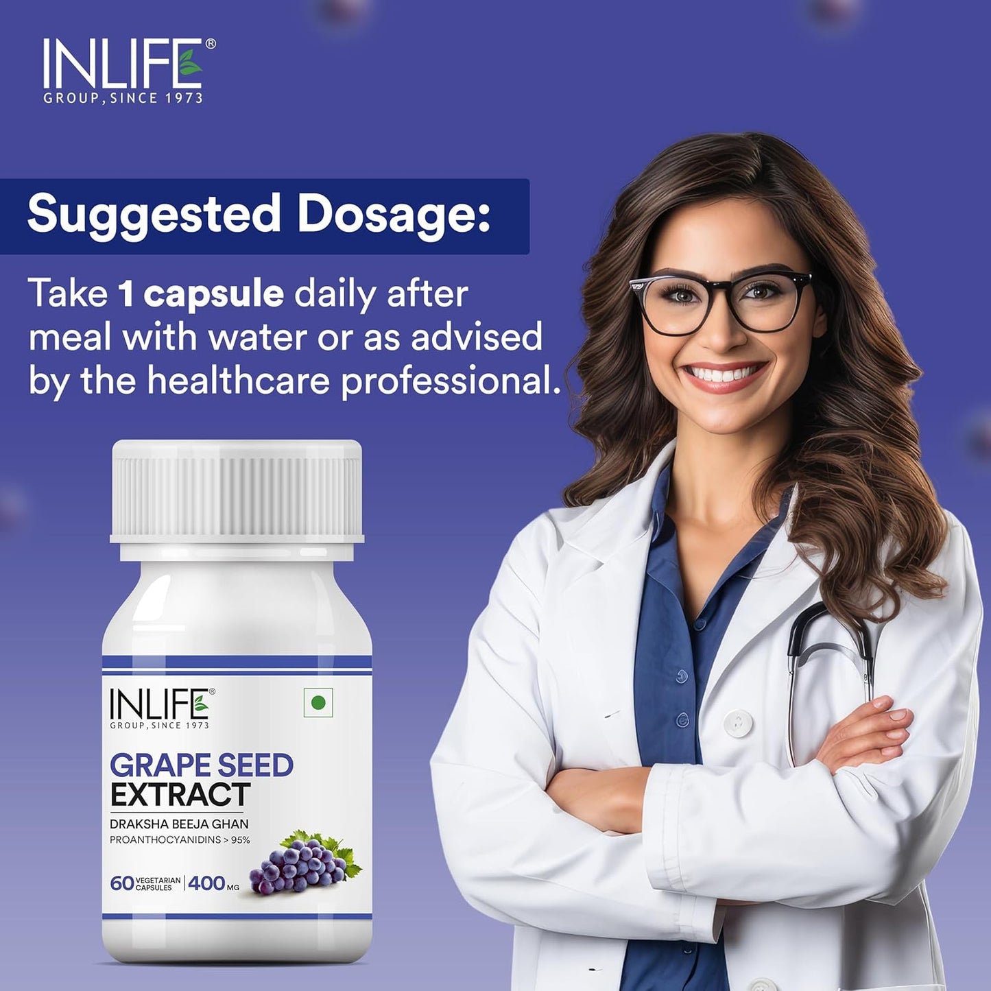 INLIFE Grape Seed Extract (Proanthocyanidins > 95%) Antioxidant, 400 mg - 60 Vegetarian Capsules (Pack of 1, 60)