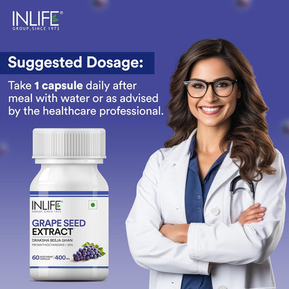 INLIFE Grape Seed Extract (Proanthocyanidins > 95%) Antioxidant, 400 mg - 60 Vegetarian Capsules (Pack of 1, 60)