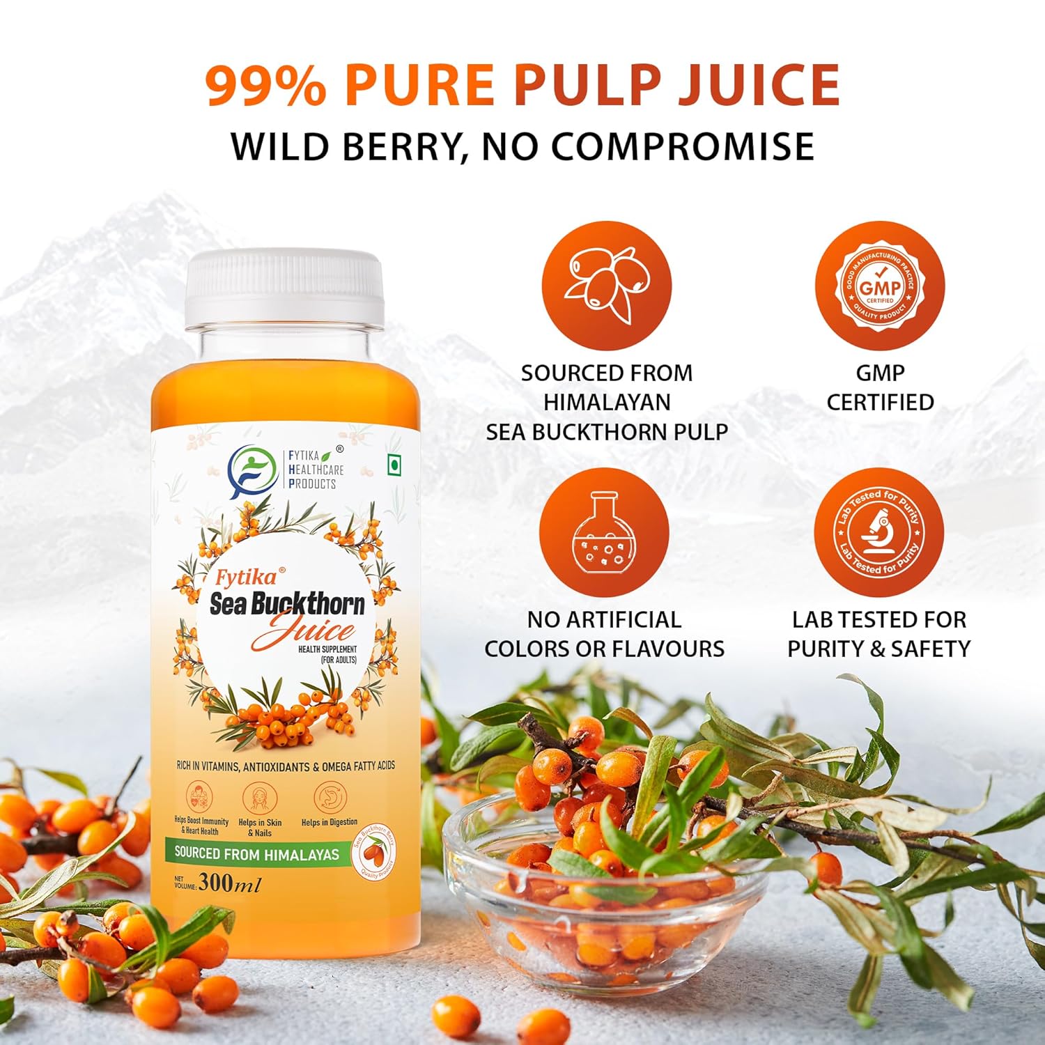 Futika Sea Buckthorn Juice bottle with product details on a light background