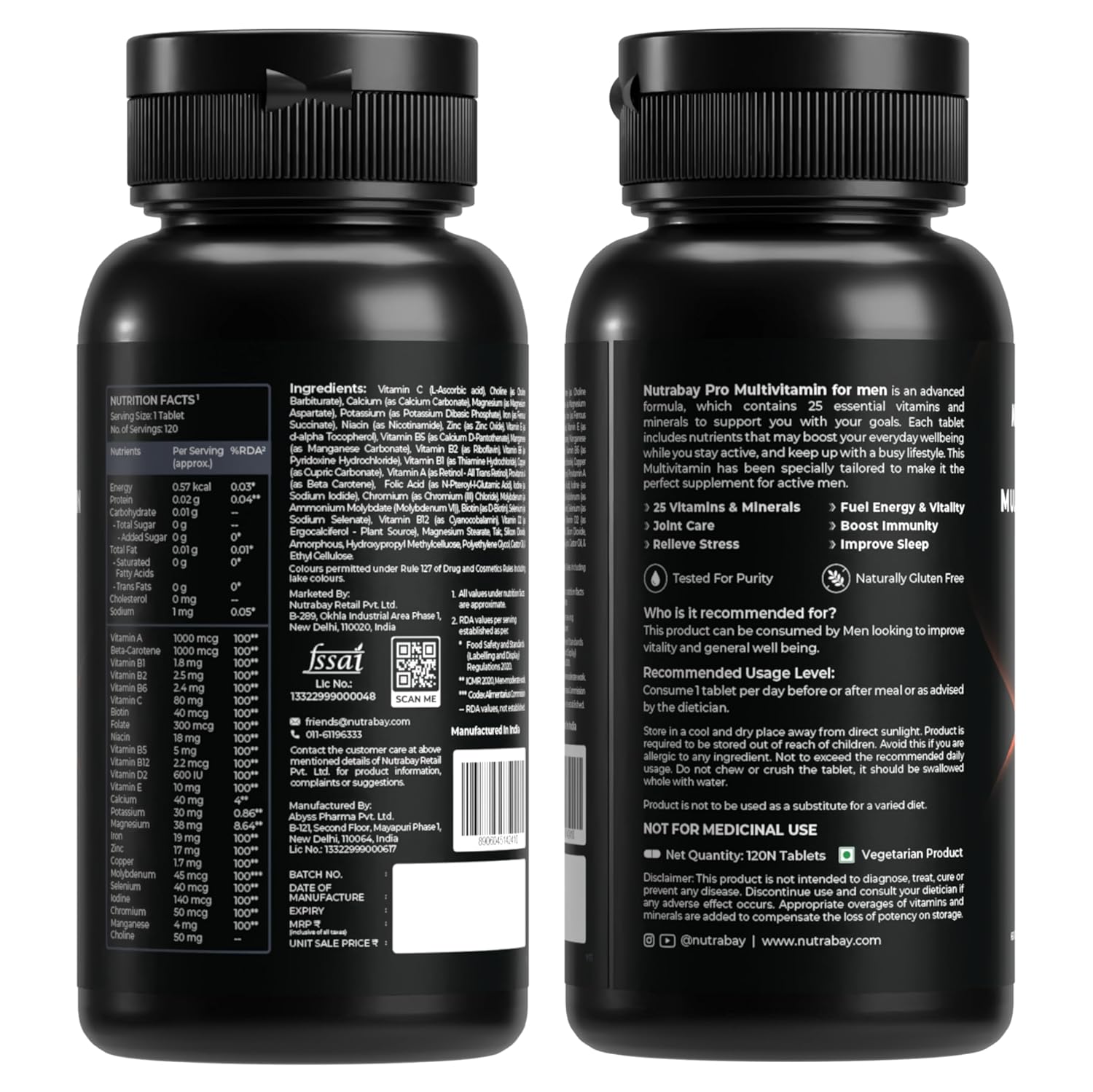 Two black supplement bottles with labels showing nutritional information on a white background